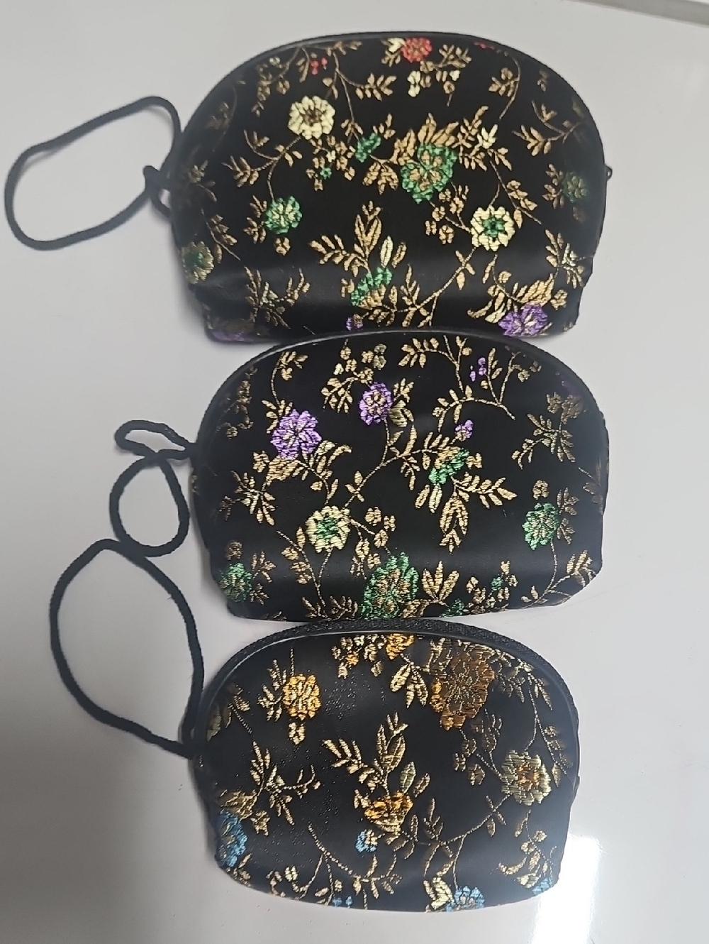 Black Floral Satin Wristlet Pouches - Gold Embroidered Accent